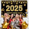 2025 Happy New Year Background Gold Black Hanging Flag Countdown Party Champagne Wine Glass Banner New Year's Eve Scene Decors