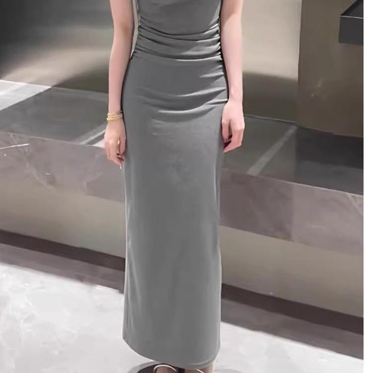 Casual Gray V-neck Sleeveless T-shirt Dress Women's New Summer French Figure Slim Hip-wrapped Dress