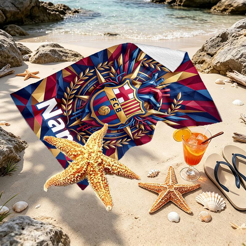 Custom Name Personalized Barcelona FC Soccer Print Beach Towel, for Trip Camping Beach Party Home Decor, Birthday Gift for Family & Friends