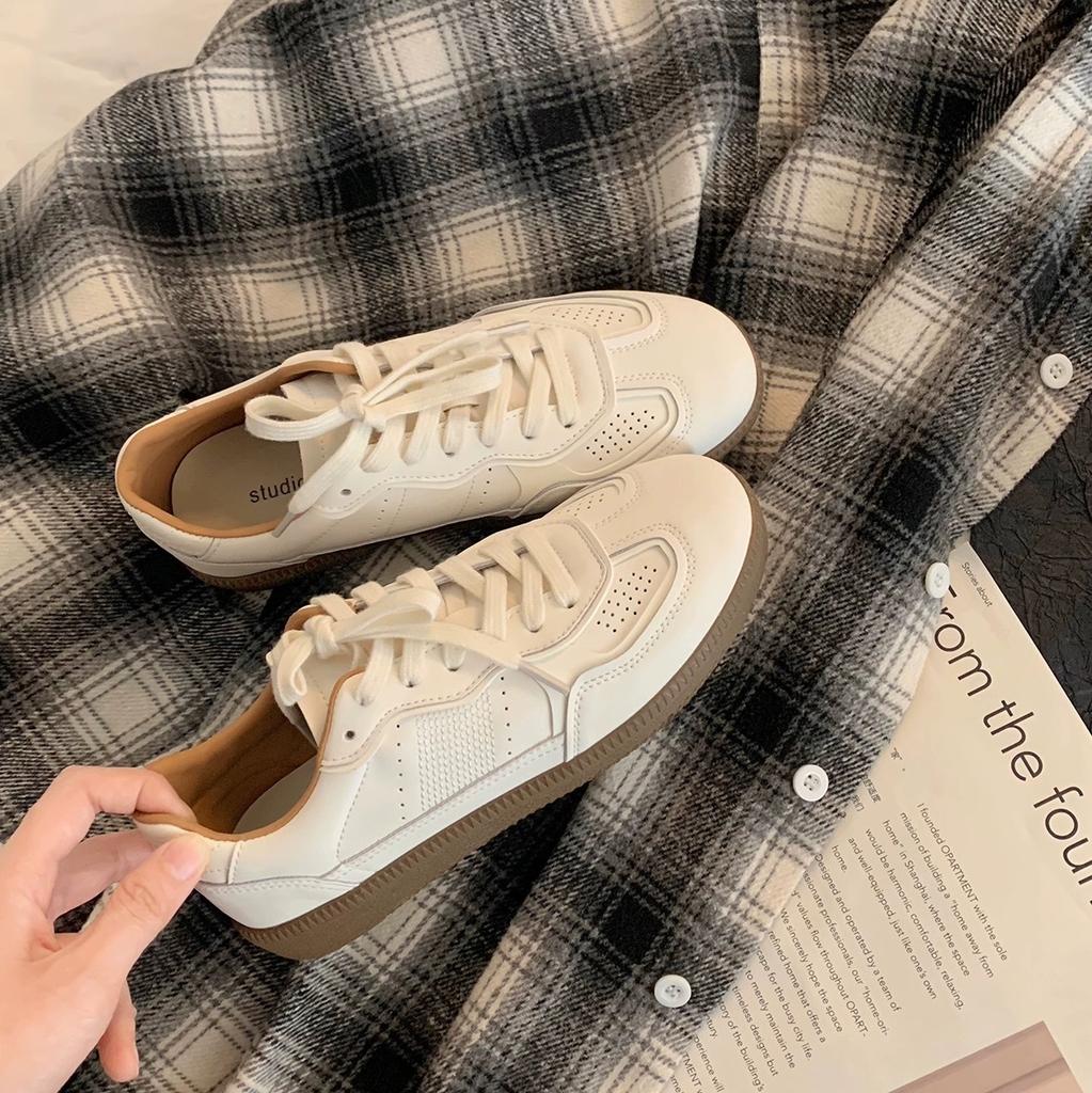 Schaffellversion~ echtes Leder Retro Casual Moralische Trainingsschuhe Damen Sommer neu vielseitig dicksohlige Spleiß atmungsaktive Schnür-Board-Schuhe