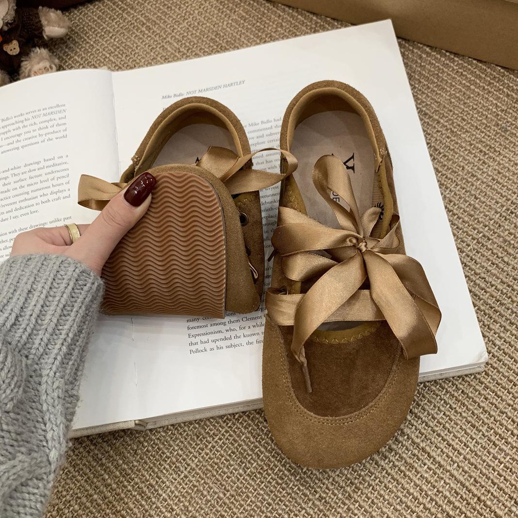 

French retro style bow satin shoelaces ballet shoes Mary Jane shoes soft flat comfortable soft leather single shoes women 35 верблюд