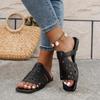 Fashion Fretwork Heels Shoes Woman 2025 Big Size Low Slippers Flat Square Toe Summer Slides Fabric Rubber PU Hoof Shoes Slippers Women S