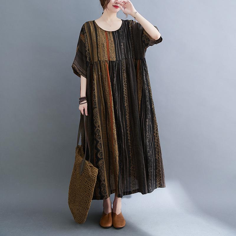 

Ретро этническое полосатое платье-свинг с короткими рукавами и круглым вырезом, 2022 One Size