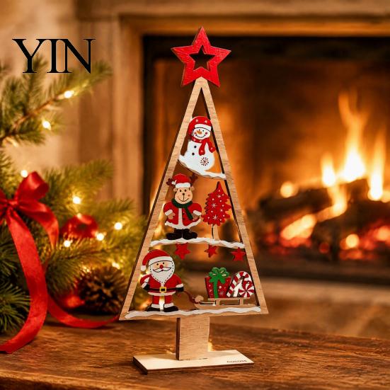 Desktop Christmas Ornament Wooden Tabletop Tree Decor, Hollow Xmas Ornament, Farmhouse Winter Holiday Accents Centerpiece for Party Home Decoration,