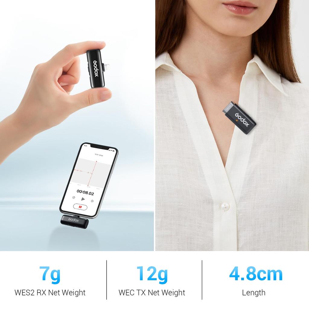 Godox Kit WES12 Microfono Wireless per Microfono Wireless con Trasmissione a 200m Custodia di Ricarica con Cancellazione del Rumore per Vlogging e TikTok iPhone/Lightning,