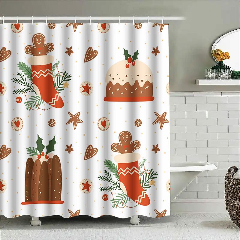 Christmas-Themed Shower Curtain With Festive Designs Featuring Gingerbread Men, Christmas Stockings, And Holiday Treats Perfect