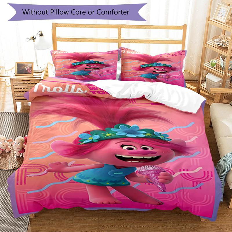 3pcs Trolls Design Cover Set - HD Printed Bedding with 1 Cover and 2 Pillowcases - Perfect for Home and Dorm Decor