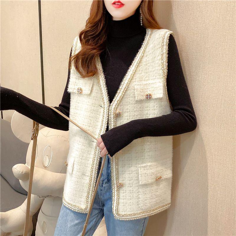 Women's Knitted Vest Jacket Short Loose Knitted Sleeveless Cardigan Spring Autumn V-neck Imitation Mink Knitted Vest