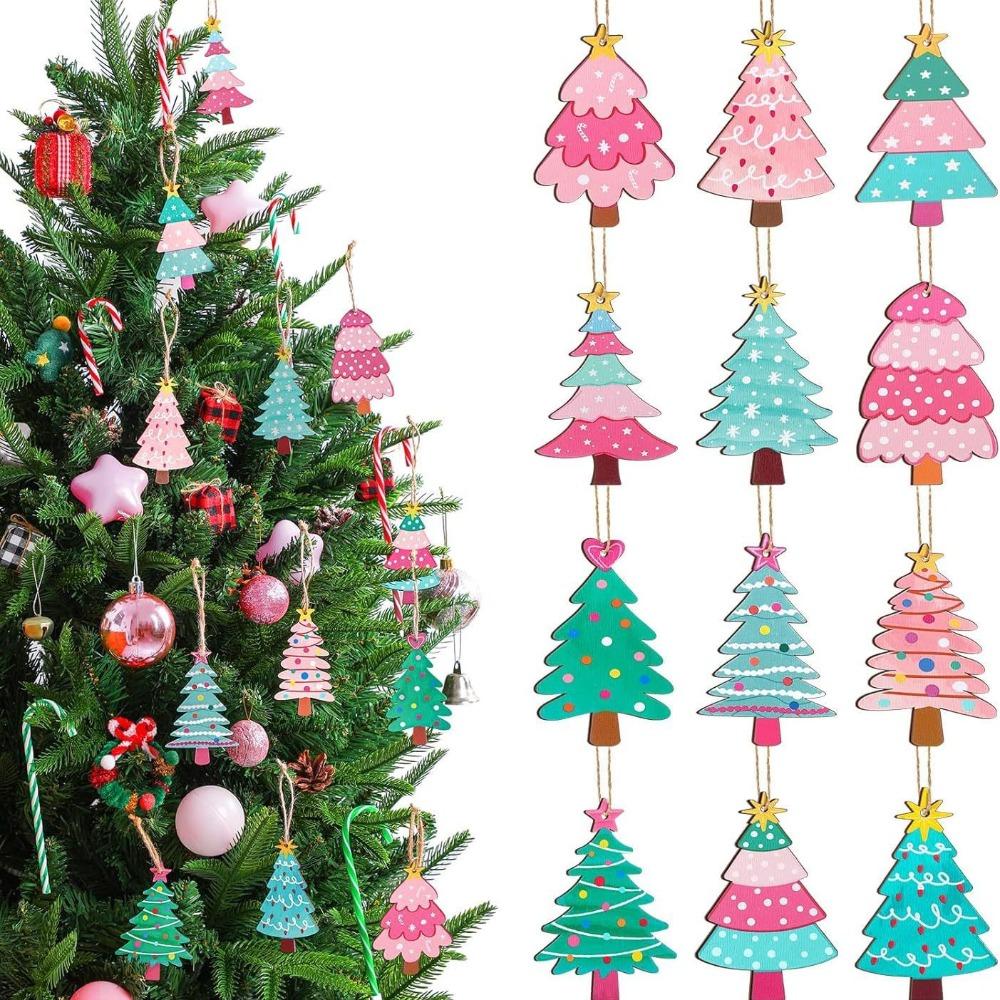 24pcs/set Creative Colorful Christmas Tree Ornament DIY Handmade Xmas Hanging Tags Happy New Year New Year Decor
