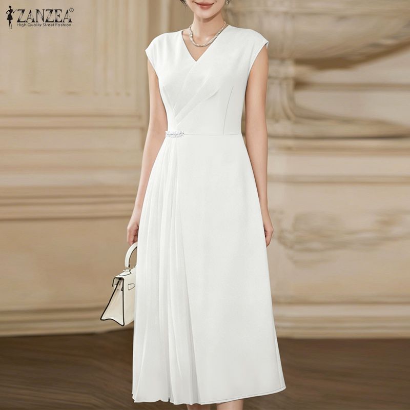 ZANZEA Women Elegant Casual V-Neck Solid Color Sleeveless Dress