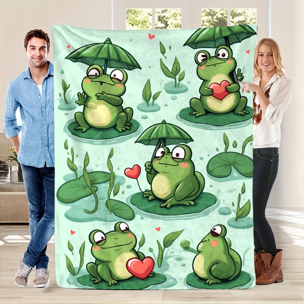 Coperta Ranocchia Carina Ranocchie Cartone Animato Con Ombrelli E Cuori Design Foglia di Giglio Verde Morbido Pile Plaid Accogliente Decorazione Stanza Bambini Idea Regalo
