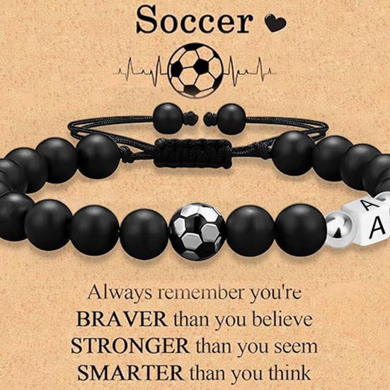 Football Bracelet for Men Black Matte Beads Bracelet A-Z Letter Adjustable Bracelet with Card Gift for Football