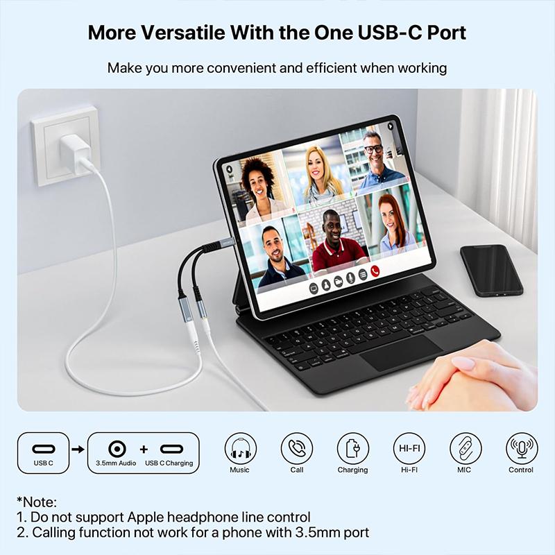 2 In 1 Type C Audio Adapter PD 60W Fast Charging USB C To 3.5mm Jack Adapter for 15/16 Samsung Huawei