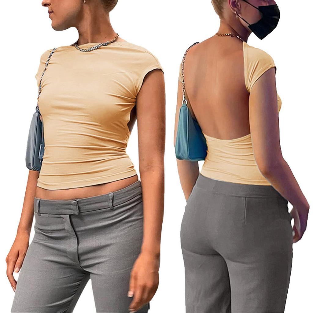 Women's Sexy Open Back Short Sleeve Slim Round Neck Casual Open Navel T-shirt
