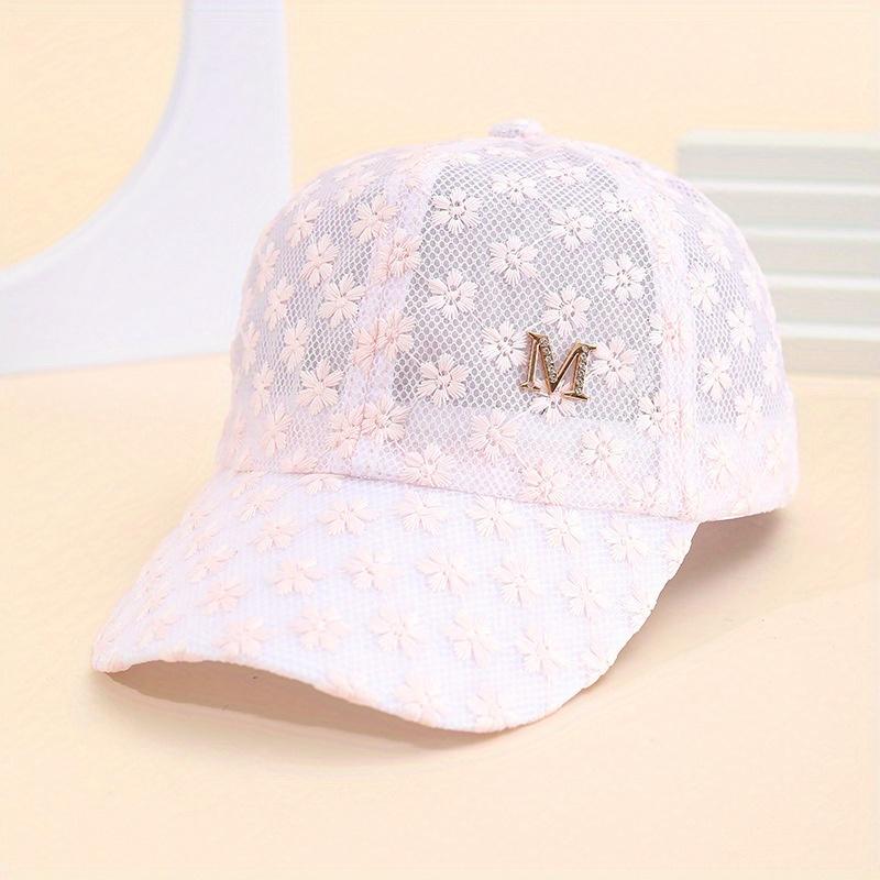 

1pc Elegant Lace Floral Baseball Cap fo Breathable Lightweight Snap Closure Perfect for Urban Style Fashionable White with Golden M Embroidery