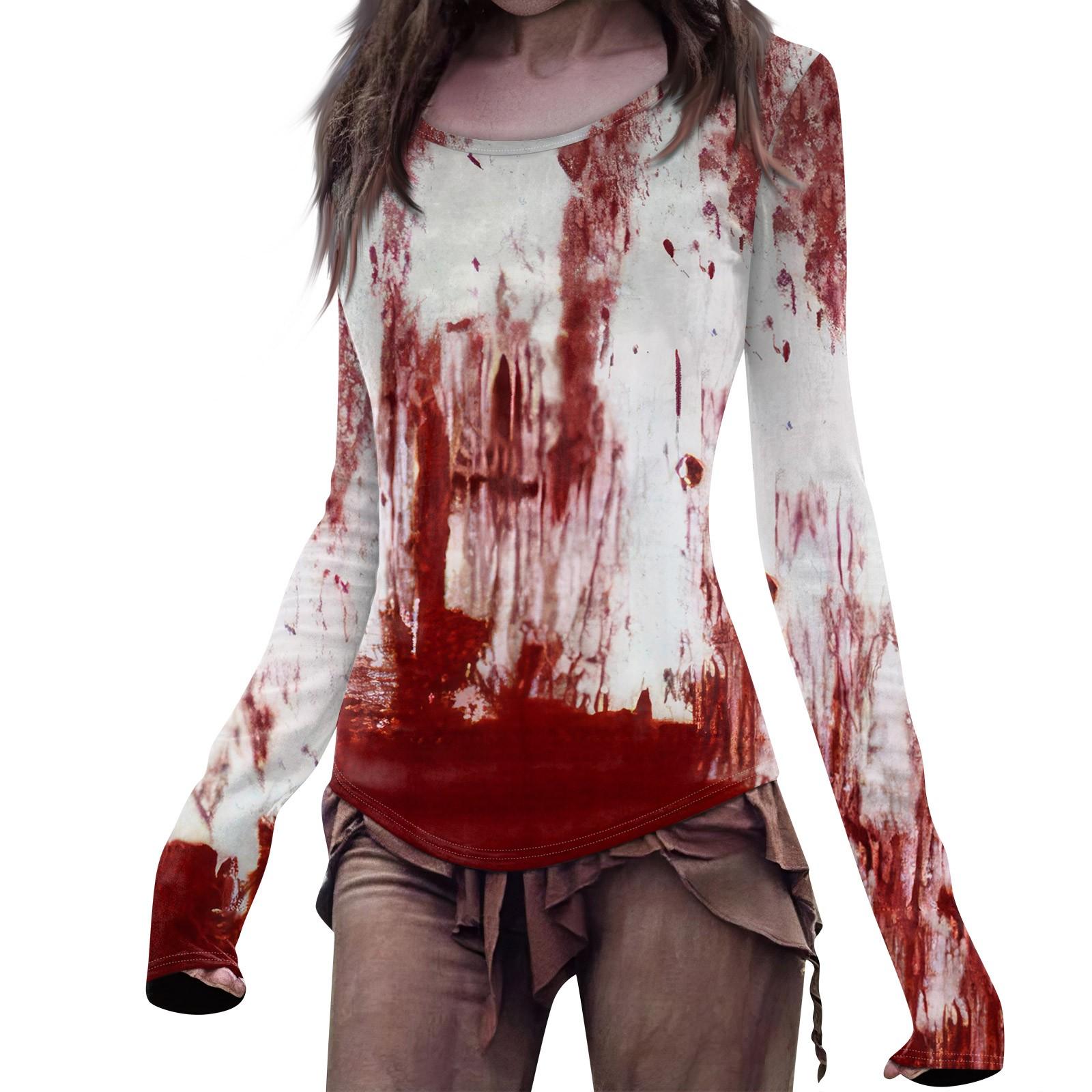 

Женская мода повседневный Mori Slim с длинным рукавом Хэллоуин принтованный круглый вырез обычный топ M