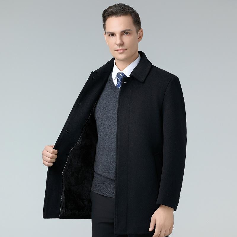New Autumn and Winter Style Plus Velvet Warm Mid-length Middle-aged Men's Wool Wool Coat Simple Lapel Jacket