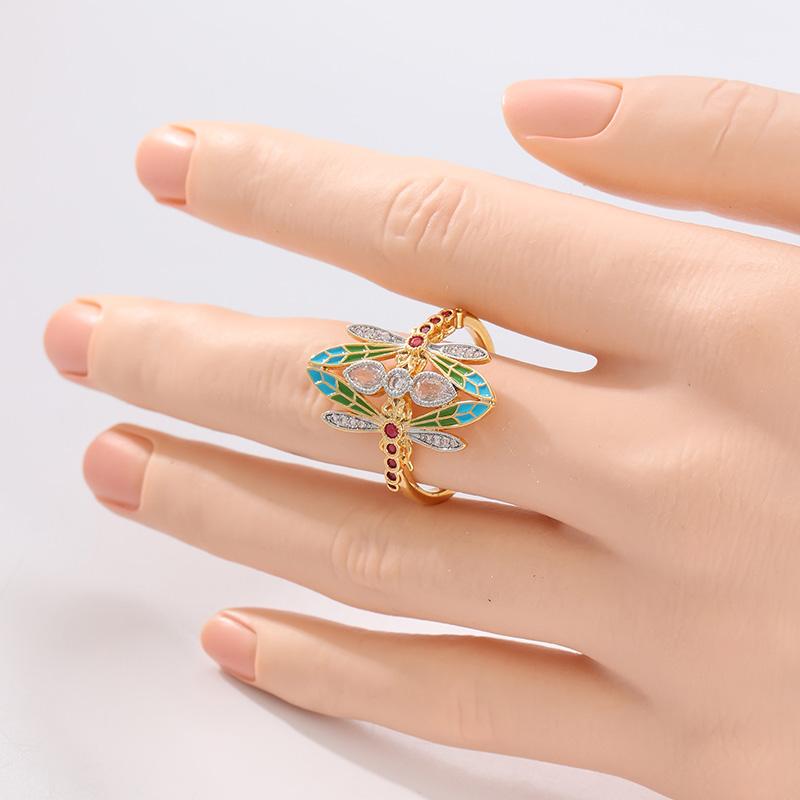 Vintage Inlaid Pink White CZ Women's Ring Trendy Gold Color Hand Carving Dragonfly Daily Wear Party Jewelry Anniversary Gift