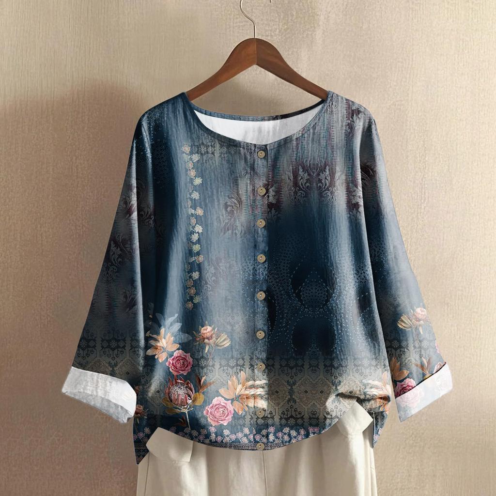 Women's Casual Long-sleeved Round-neck Retro Gradient Printed Cotton And Linen Top