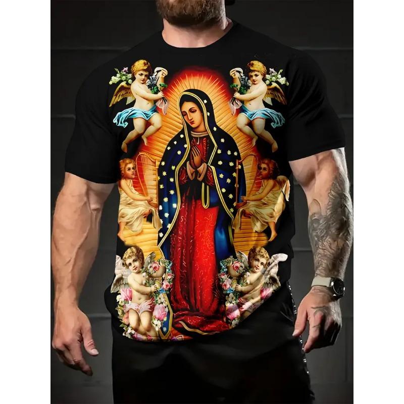 Men's 3D Print Jesus Virgin Mary T-Shirt Tops Casual Short Sleeve Crew Neck Jesus Birth Printed Tshirts For Men Streetwear
