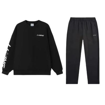 Li Ning Loose Fit Pullover Round Neck Long Sleeve Sweatshirt And Straight Leg Pants Casual Sports Set Men Sets Black AKLUB21-1+AWDT607-1