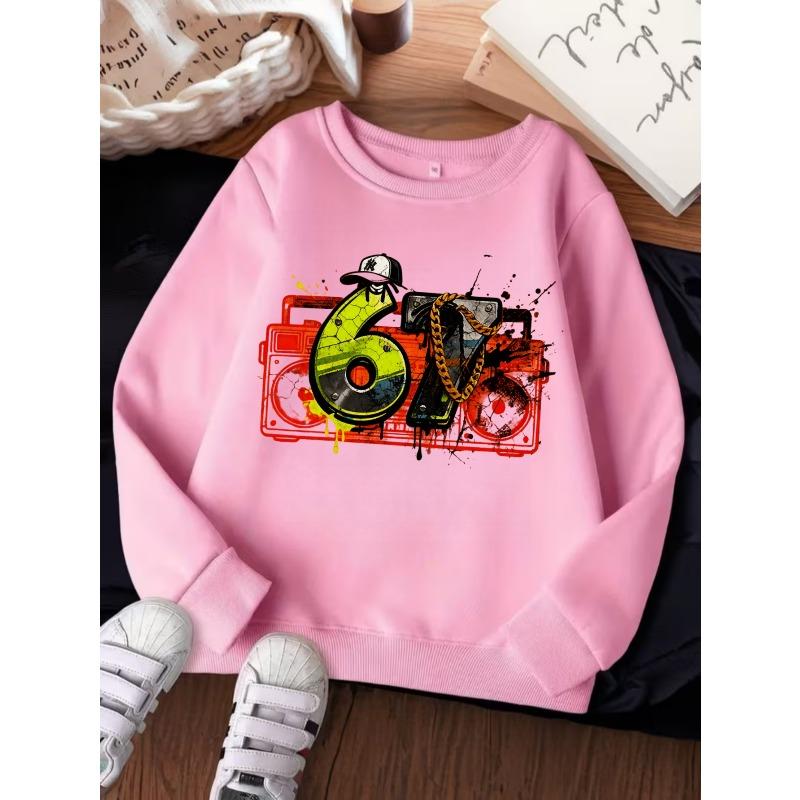 Unisex Kids Crewneck Sweatshirt For Over 4 Years Old Boys Girls Hip Hop Graffiti Radio Cap Chain Number 67 Print Long Sleeve Pullover For 4-12 Kids