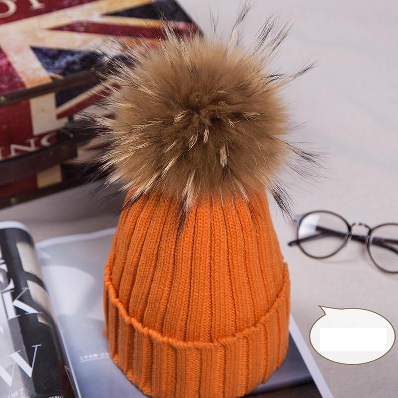 

Real Winter New Raccoon Fur Hats Pom Pon Women Lady Knit Beanie Bobble Cap Orange