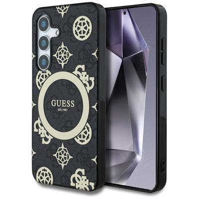 Pouzdro Guess 4G Pozadí Zlaté            Elektrolyticky pokovený Vzor pivoňky Magsafe Pro Samsung Galaxy S25 Černé
