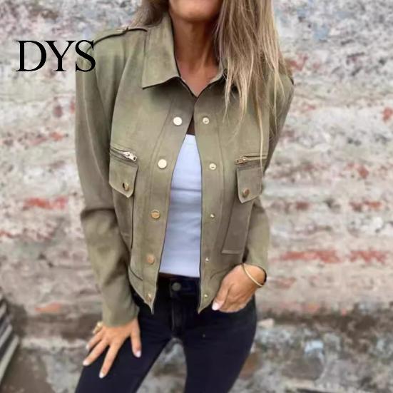 Women Jacket Autumn Spring Coat Flap Pocket Zipper Decor Turn-down Collar Long Sleeves Outerwear Single-breasted Buttons Cargo Style Daily Wear
