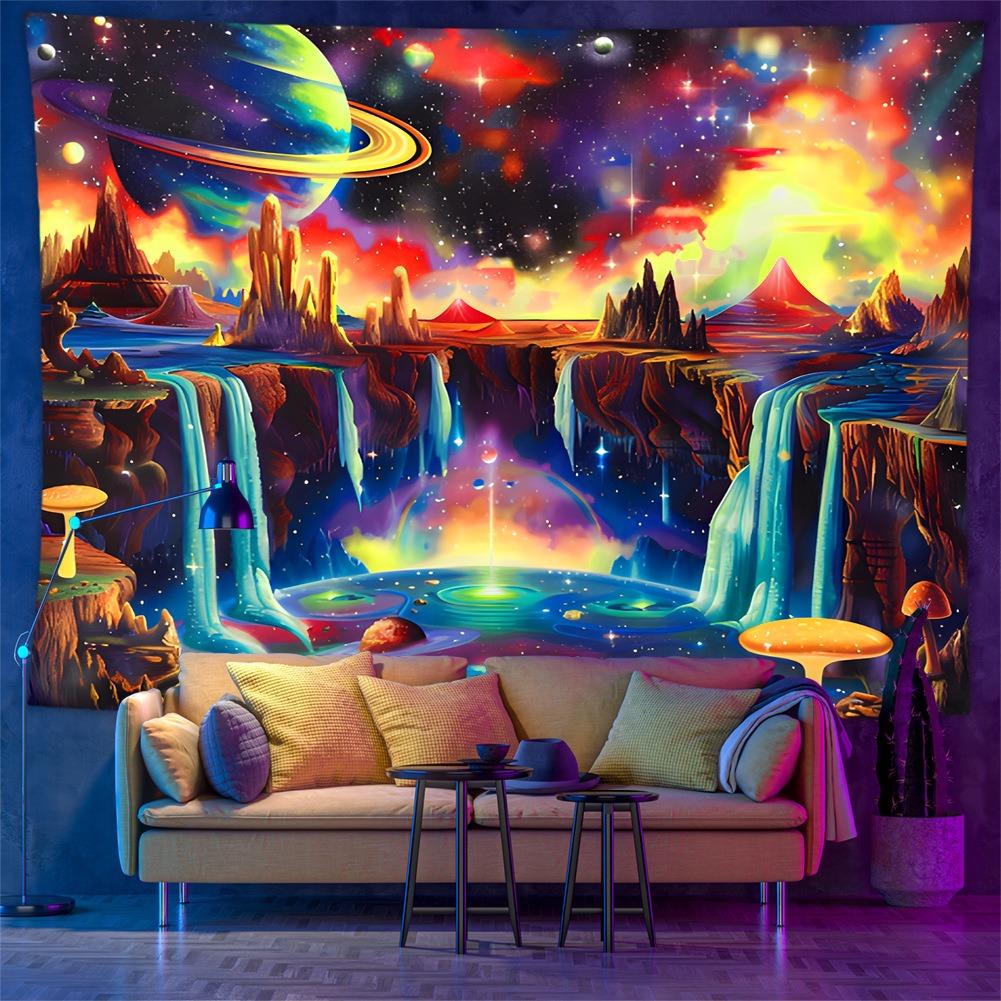 UV Reactive UFO Tapestry Psychedelic Alien Space 2D Flat Printed Peach Skin Wall Hanging Bedroom Aesthetic Gamer Room Decor
