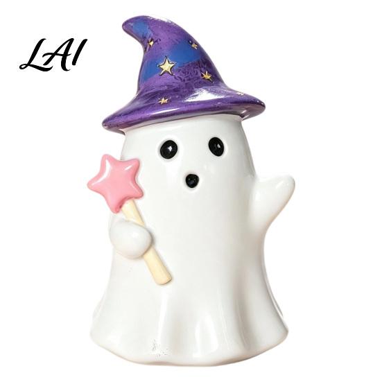 Small Ghost Sculpture Halloween Resin Figurine Creepy Witch Hat Statue Desktop Statue Pumpkin Reading Ornament for Holiday Party Decoration Figurine