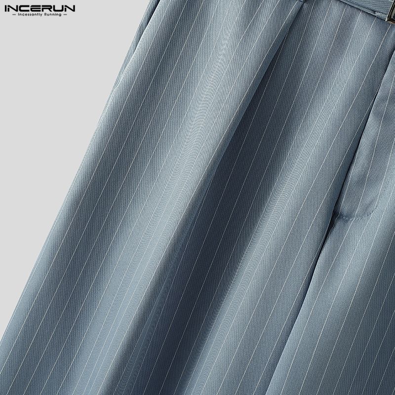 INCERUN Men Striped Outfits Stand Neck Long Sleeve Crop Tops Zip-Up High Waist Long Pants Sets