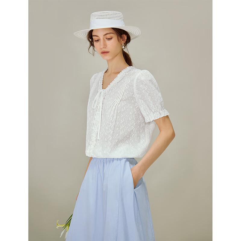 INMAN Women's 100% Cotton Embroidered Ruffle V-Neck Short-Sleeve Blouse