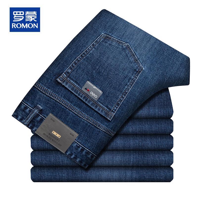 ROMON Men's Thick Autumn/Winter Stretch Straight-Leg Jeans
