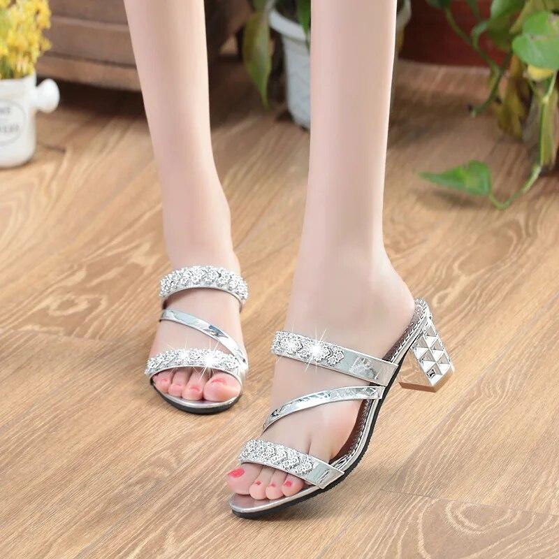 Summer Women Shoes High Heels Sandals Peep toe Ladies Shoes Brand Modern Black Silver Gold Square Heels 7cm Big Size 41