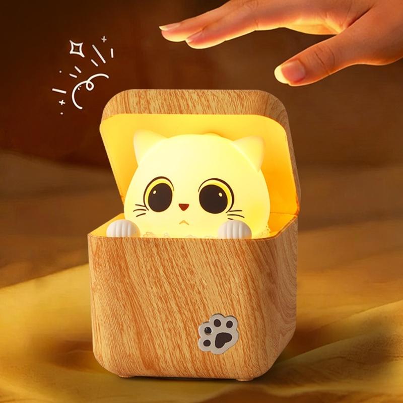 Intelligent Night Light with Shy Cats Design and Adjustable Brightness Eye Caring Bedside Lamp Suitable for Kids Room