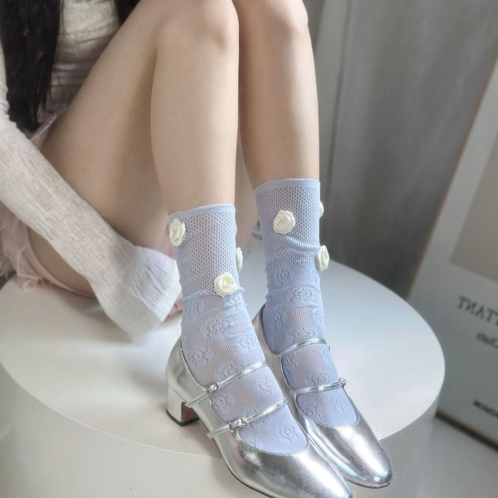 Flowers Pattern Rose Mesh Socks Balletcore Calf Socks Versatile Women Socks  Spring Summer синий