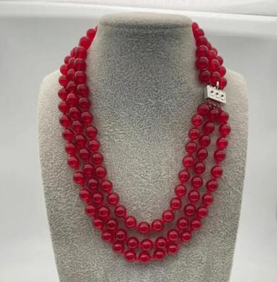 Very Good Fancy 3 Row /Red 8mm Jade Necklace