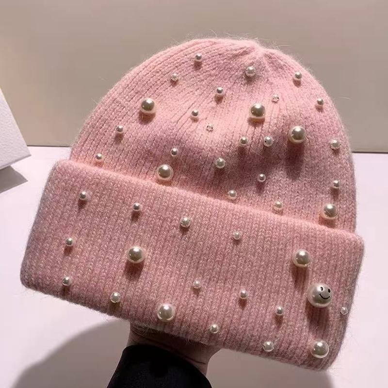 New Autumn And Winter Heavy-Duty Pearl Wool Hat Pearl Fashion Knitted Hat Warm Ear Protection