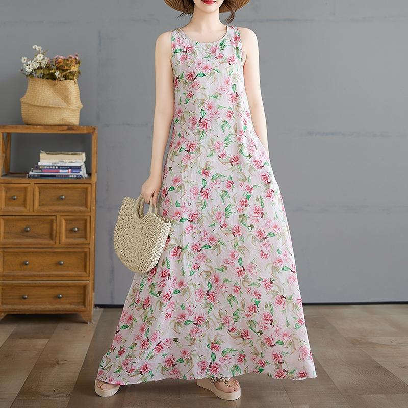 

DIMANAF 2025 Women Summer Dress Ladies Basic Long Linen Flower Dress 8236 M