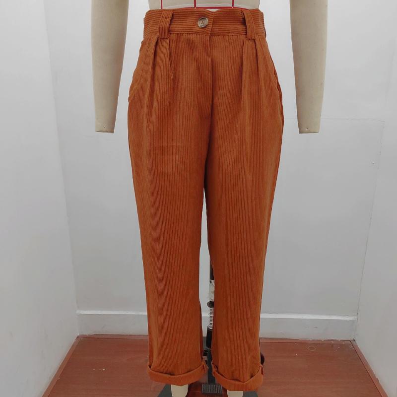 GMXIA Autumn Women's High Waist Casual Pants Solid Colour Corduroy Loose Straight Trousers