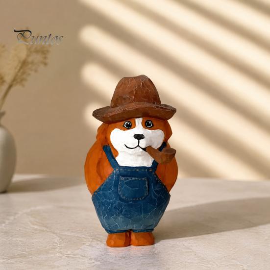Western Cowboy Dog Figurine Style Pipe Puppy Figurine, Hand Carved Basswood Unique Painted Craft Gift Statue, Compact Ornament for Home Office Desktop