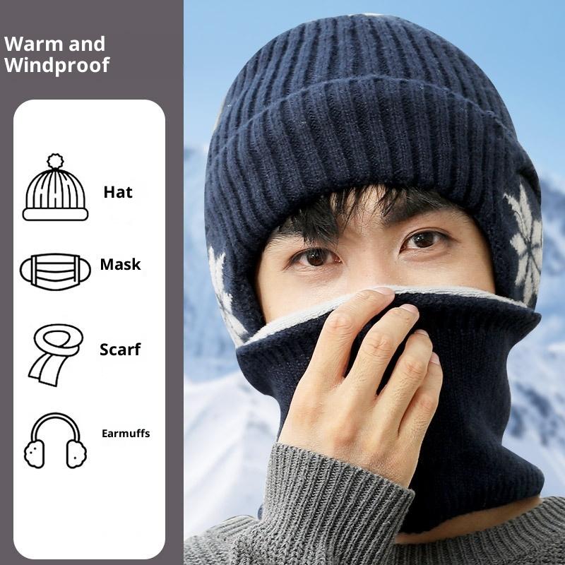 Unisex Warm Fleece Lined Knitted Hat Set for Men Winter Cycling Windproof Cold Proof Large Brim Woolen Overhead Accessory