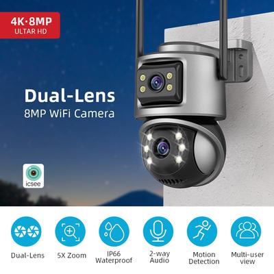 4K 8MP Wifi Camera PTZ Outdoor Dual Screens Human Detection Dual Lenses 4MP Security Protection IP Camera Audio iCSee App