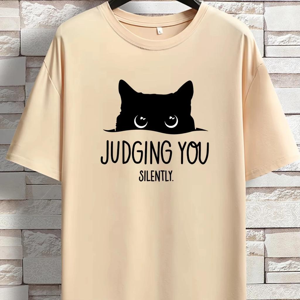 2025 Summer 100 Pure Cotton Fashionable Casual Loose Sporty YOU SILENT Cat Print Round-neck Short-sleeved T-shirt Top Neutral