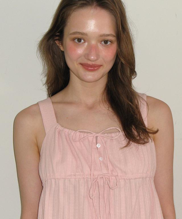 Ronron Milky Tie Shirring Sleeveless Dress Soft Pink