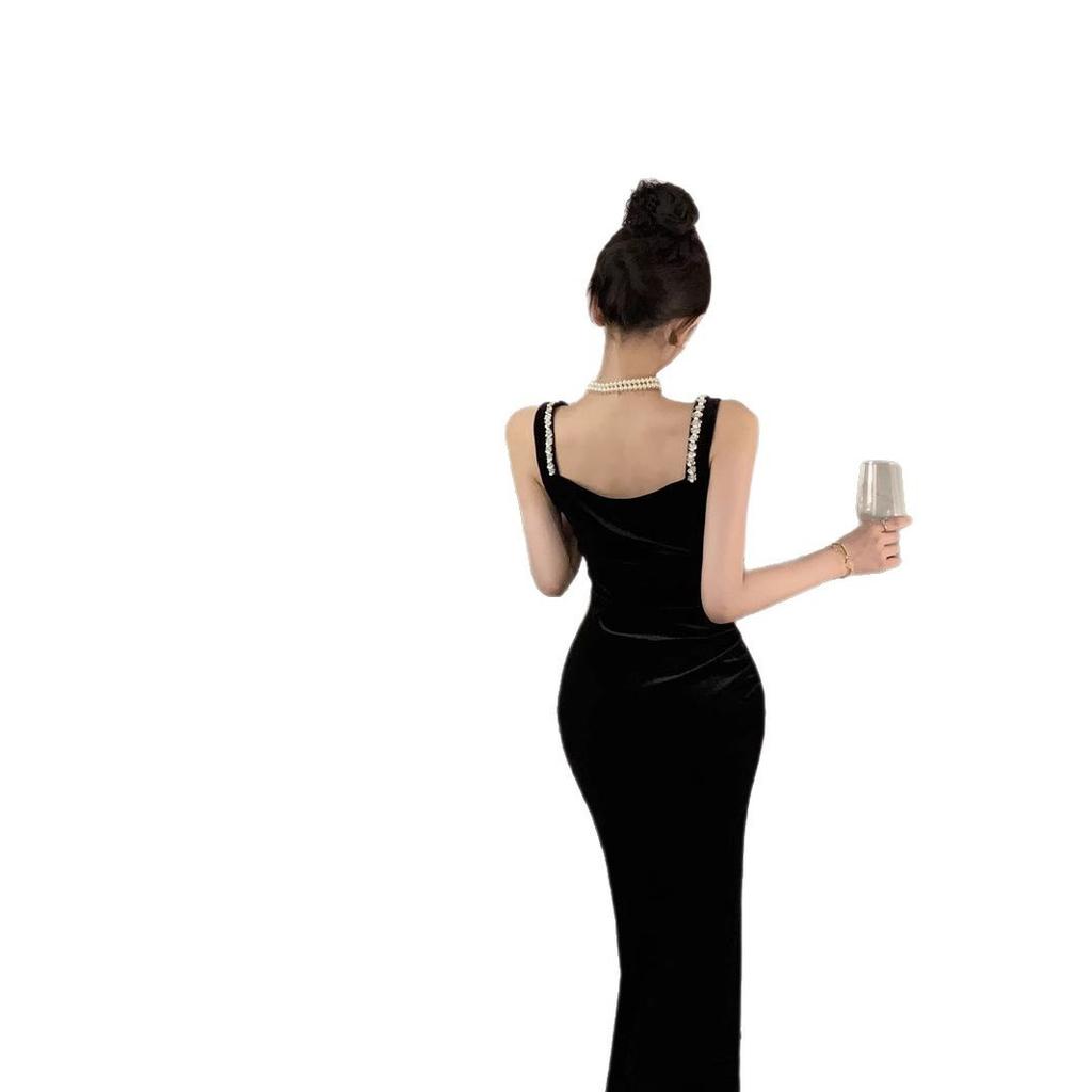 Birthday Dinner Hepburn Dress High Sense Slim Split Diamond Black Velvet Suspender Dress Women's Long
