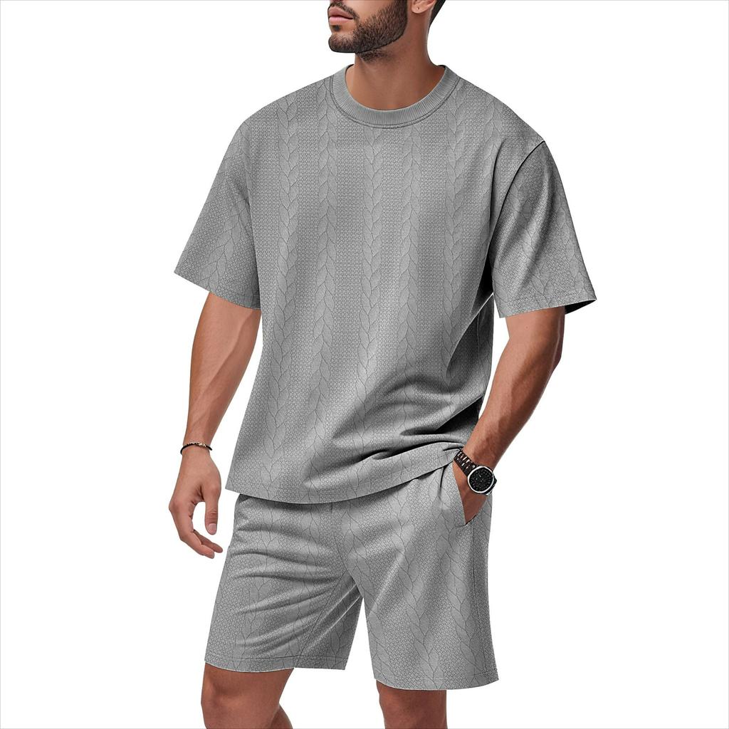 Men's Summer Jacquard Suit, Round Neck, Short-sleeved Shorts, Casual Two-piece Suit