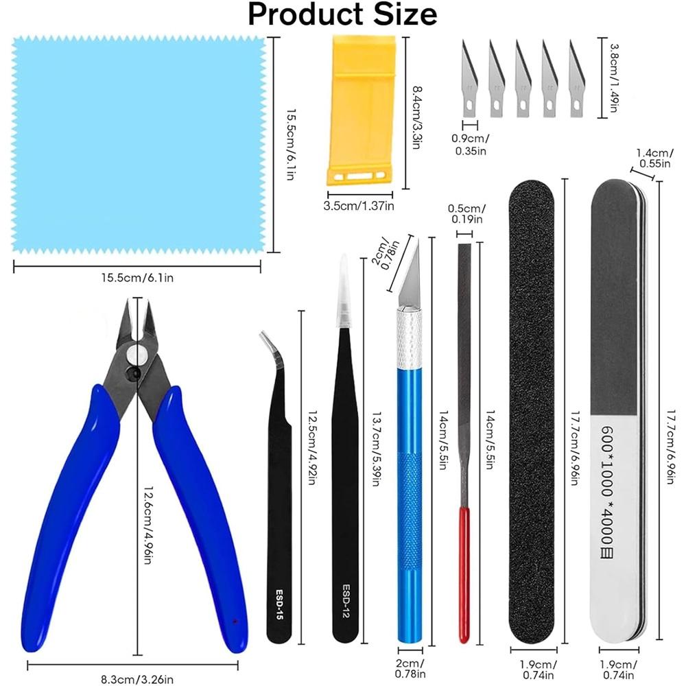 16-piece model making tool set, including plastic model kits for Gundam, cars, and miniatures, with storage box