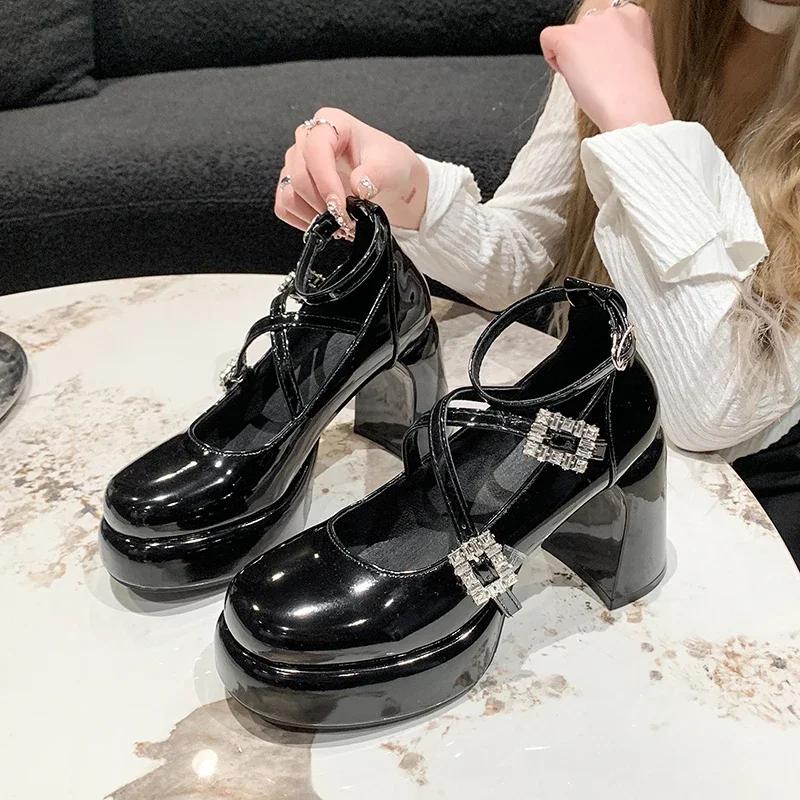 

Fashion 2024 New Hot Selling Solid Color Fashionable Square Heel Rhinestone Buckle Women s Heeled Single Shoes Banquet Party Zapatos 40 чёрный